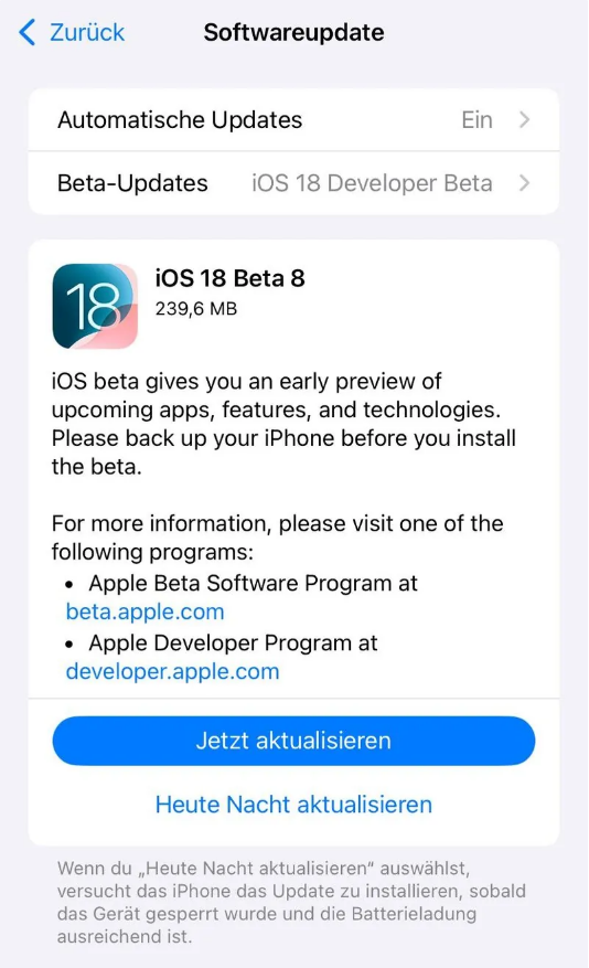 颍泉苹果手机维修分享苹果 iOS / iPadOS 18 开发者预览版 Beta 8 发布 